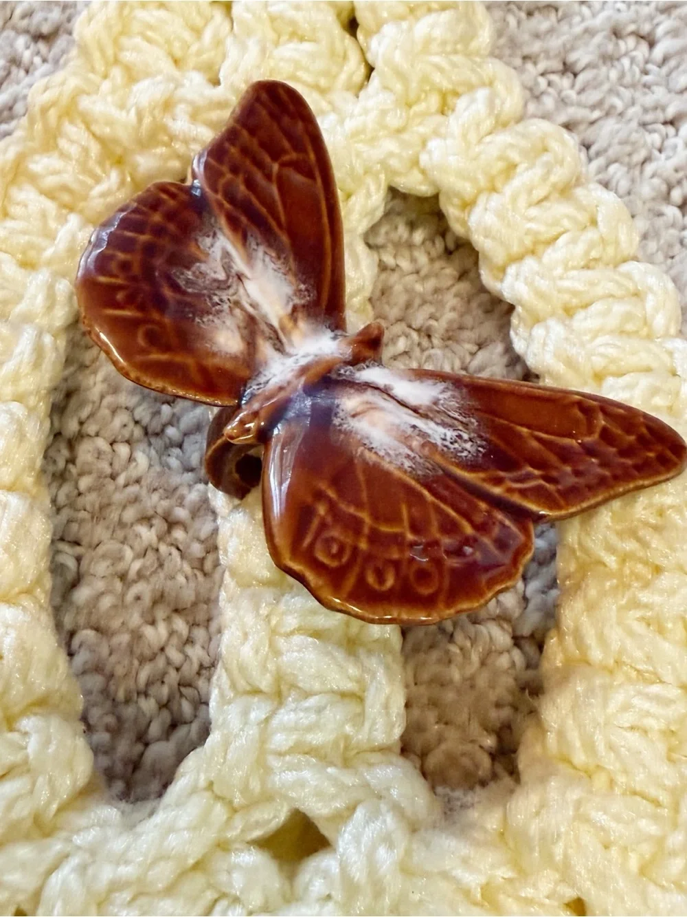 1970s Macrame Towel Holder Brown Ceramic Butterfly Handmade Hanging Boho Vintage